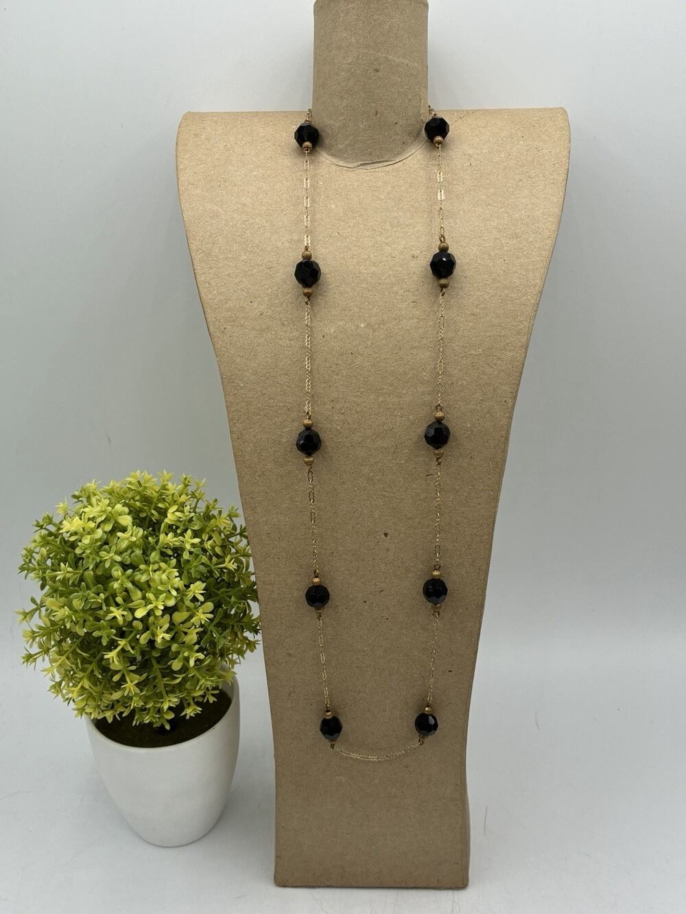 Judy Lee Gold Tone Black Faceted Crystal Bead Station Necklace Vintage